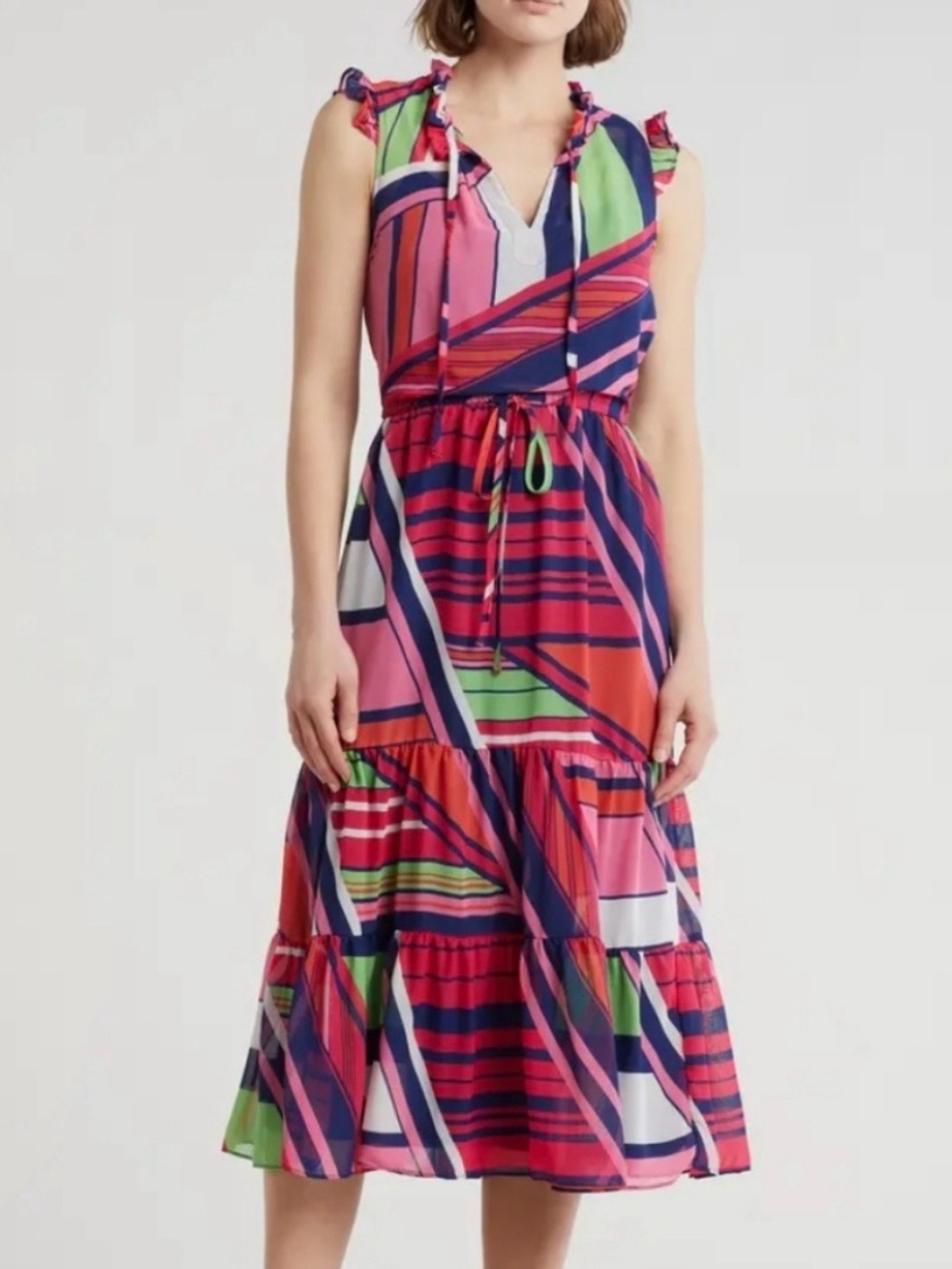 NWT Julia Jordan Sleeveless V-Neck Tiered Midi Dress in Pink Multi Size 10